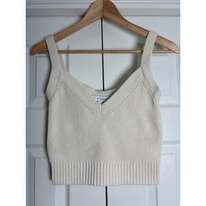 Intermix Ivory Ribbed Knit Cotton Silk Blend V-Neck Crop Tank Top Small